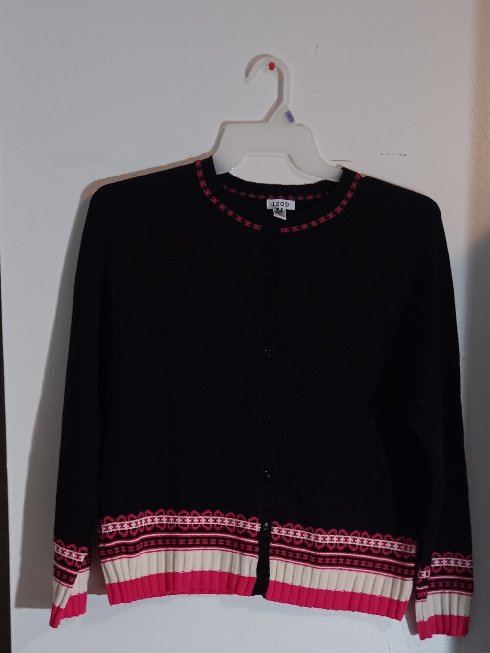 Izod Black Cardigan with Pink and Cream Trim
